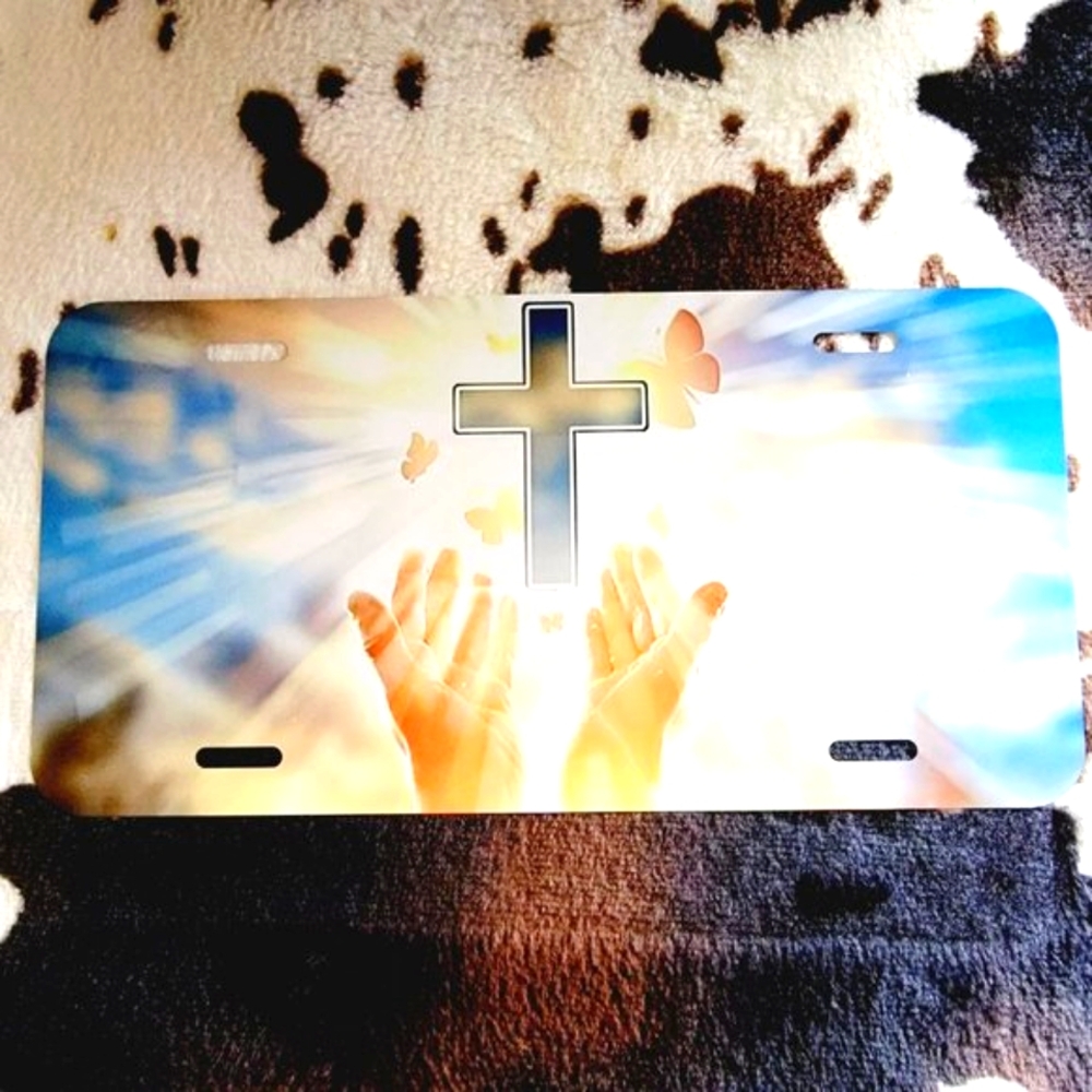Praying Hands Butterfly Religious Car Tag Handmade Vehicle License Plate